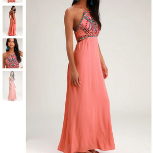 Little Beach Coral Pink Embroidered Maxi Dress